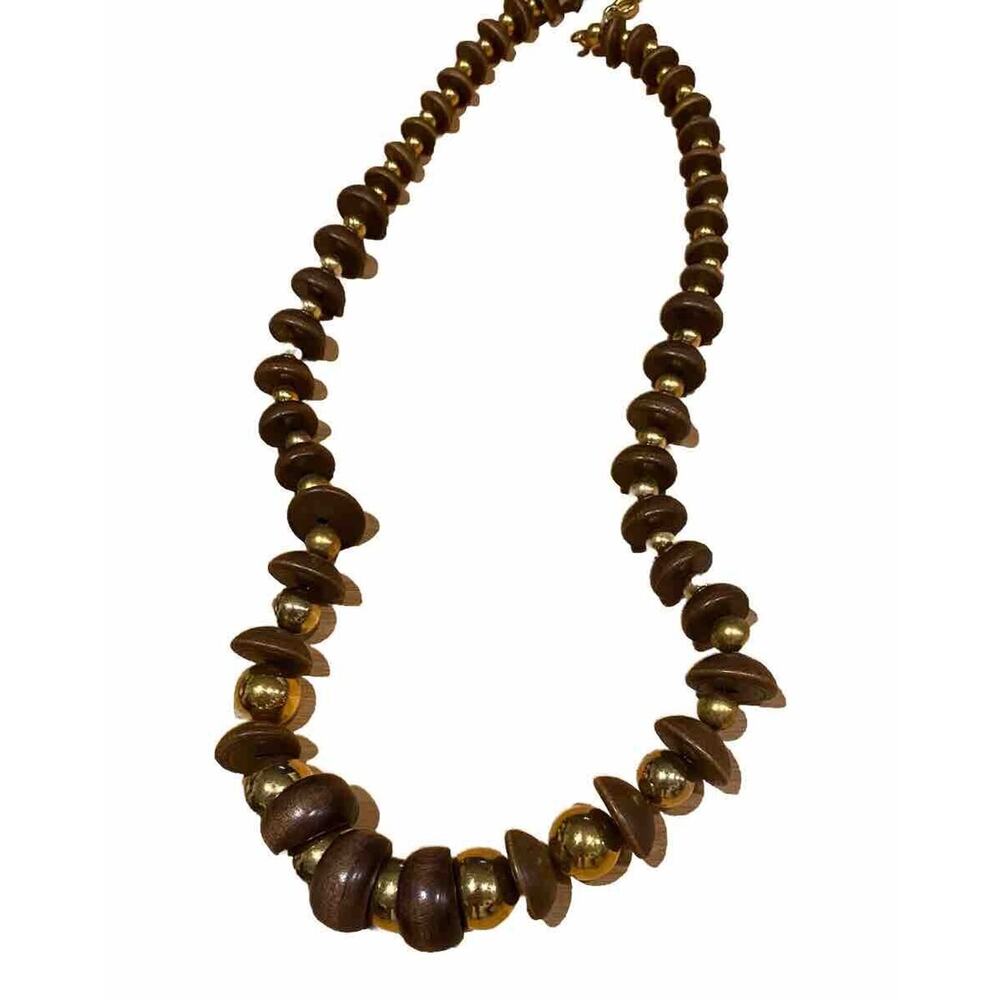 Midcentury Modern Vintage Wooden And Gold Toned Long Necklace